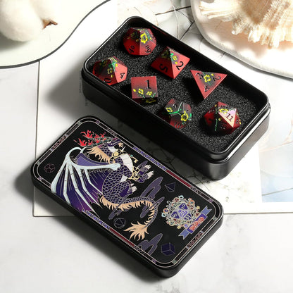 DnDnD Heavy Polyhedral Metal Dice Set with Metal Box, 7-die Shiny Blue Surface with Golden Number for RPG,Dungeons and Dragons,Pathfinder,Shadowrun,D&D,Role Palying Game and Math Teaching - Colors B