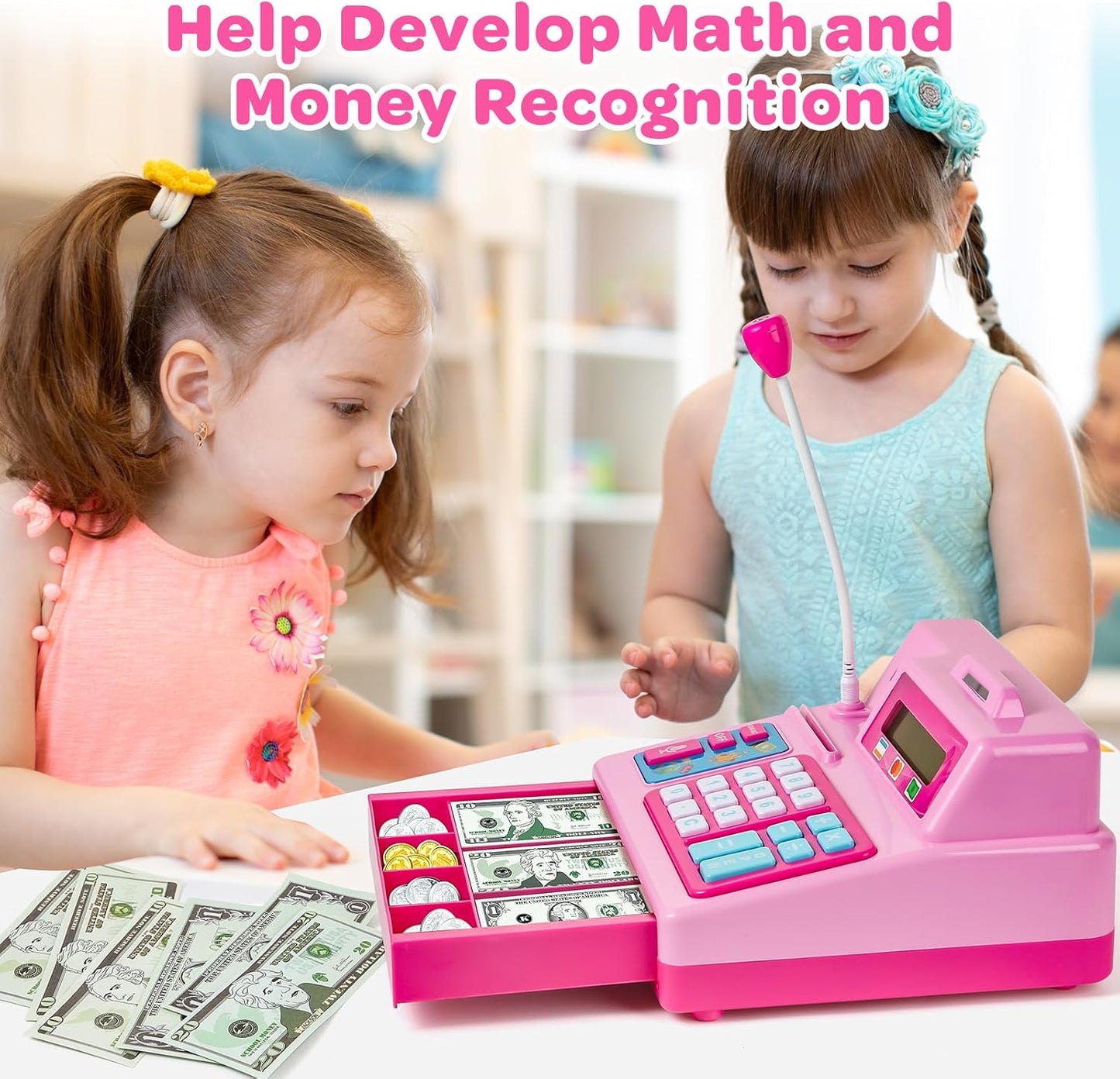 BAODLON Calculator Cash Register - 103 Pcs Pink Toy Cash Register, Microphone, Credit Card and Banking for Kids, Early Math Skills Toys Gifts for 3, 4, 5, 6 7 8+ Years Old Boys Girls