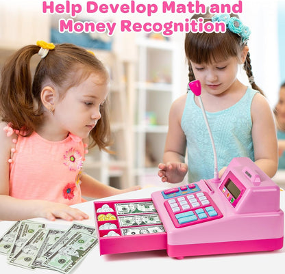 BAODLON Calculator Cash Register - 103 Pcs Pink Toy Cash Register, Microphone, Credit Card and Banking for Kids, Early Math Skills Toys Gifts for 3, 4, 5, 6 7 8+ Years Old Boys Girls