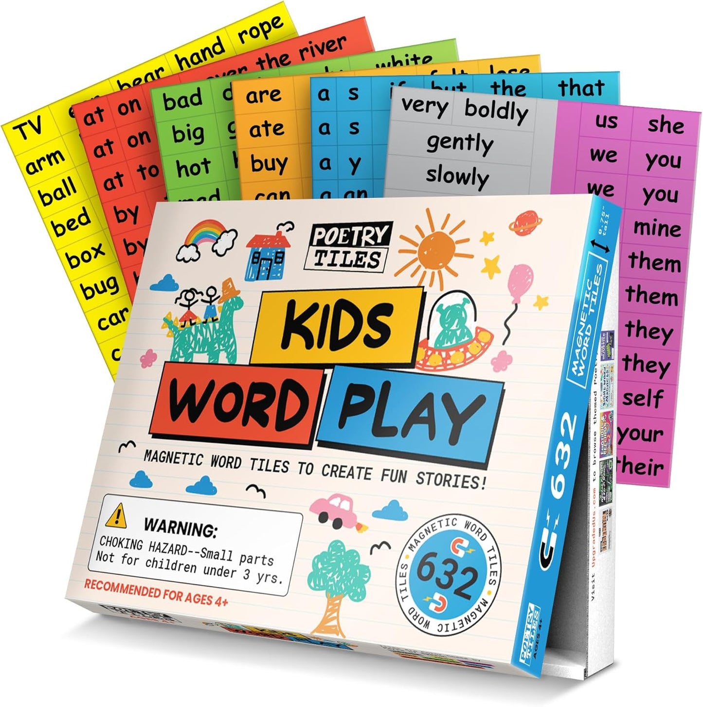 632 Kids Word Play Fridge Magnets – Big .75" Tall Color-Coded Tiles - Practice Reading, Sentence Building, Writing, Poetry, and Creativity with Magnetic Words
