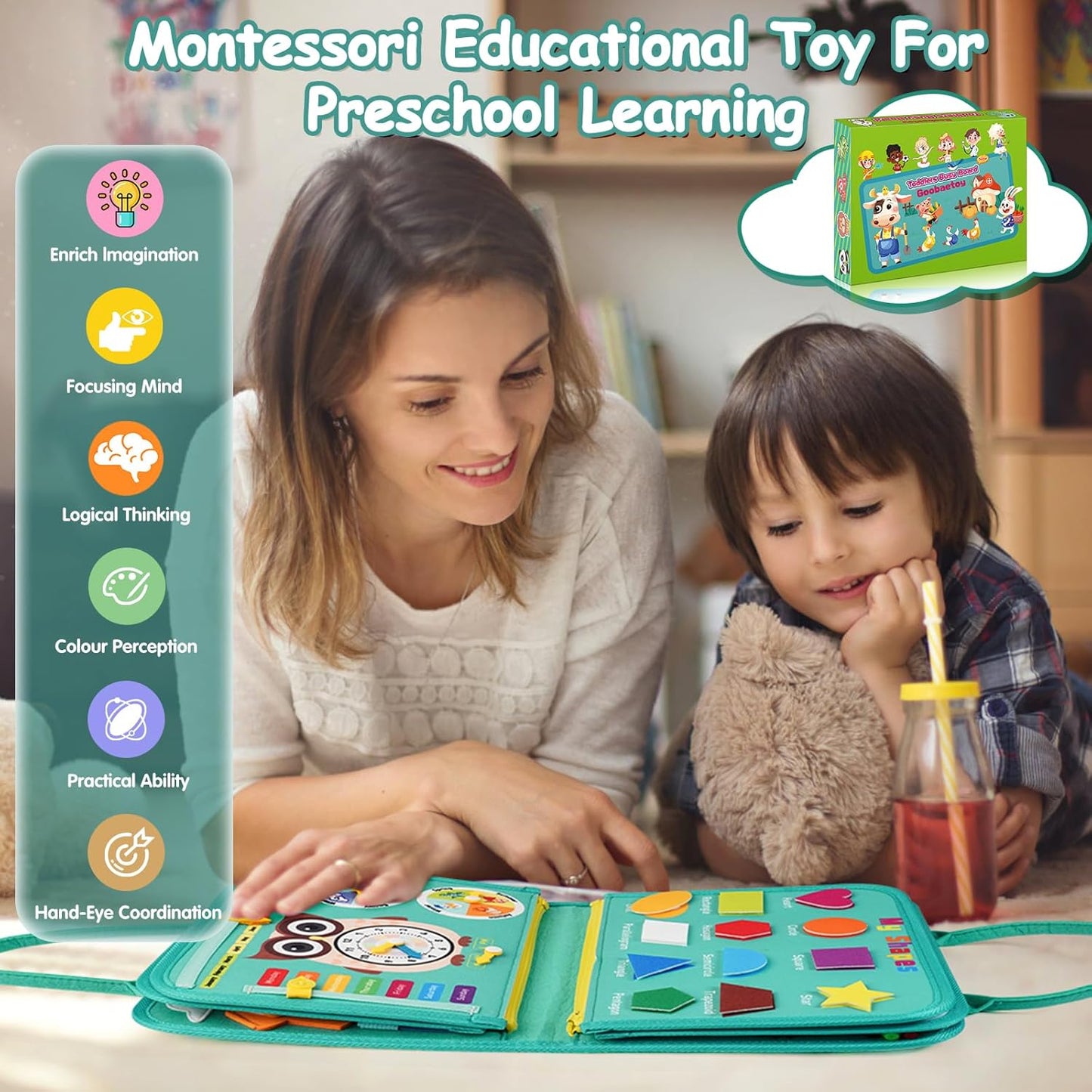 Montessori Busy Board - Sensory Learning Toys for Toddlers 3-6 Years-10 Pages-32 Activities, Airplane Car Travel Educational Toys for Autism, 3 Years Boy Birthday Gift (Cyan)