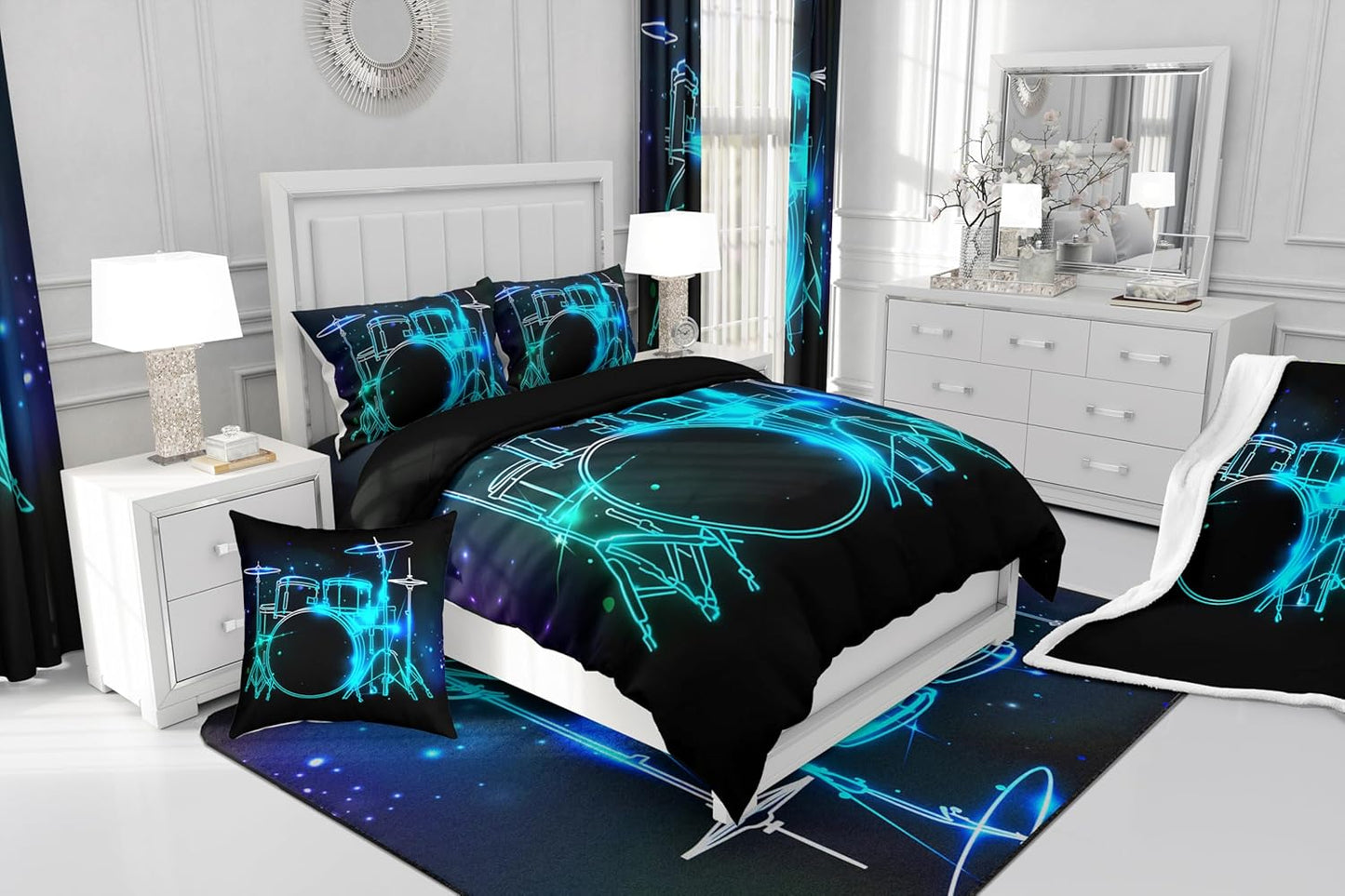 Drum Kit Comforter Cover Abstract Musical Instruments Bedding Set for Kids Boys Teens,Pop Music Duvet Cover Modern Rock Quilt Cover, Teal Laser Light Bedroom Decor Twin Size Blue Green Black
