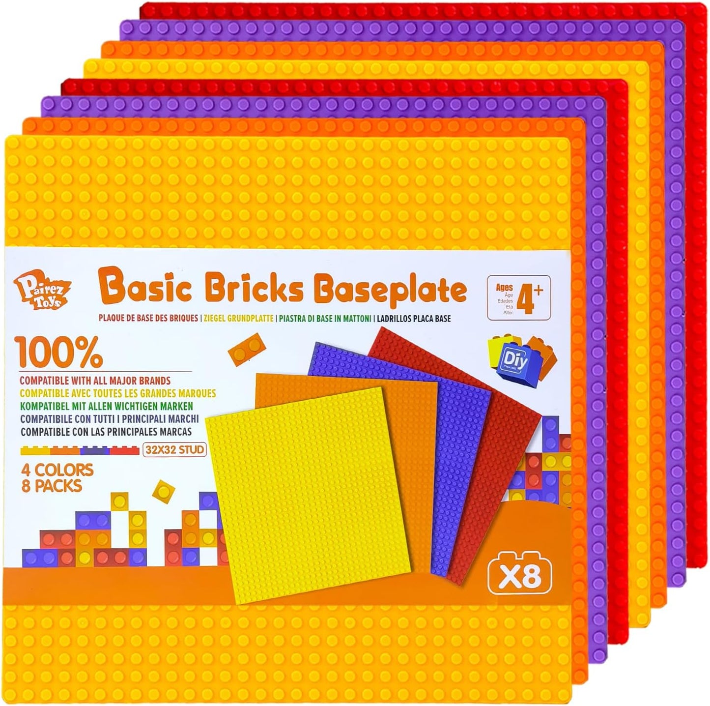 Pairez Toys 8-Pack Classic Baseplates for Building Bricks (10" x 10") – Compatible with All Major Brands, Construction Toys for Kids Ages 4-8+, Black, White, Dark Gray, Light Gray