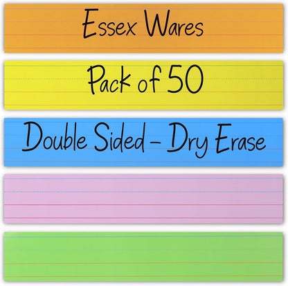 Essex Wares - 50 Pack - White - 16" Wide x 3" Tall Dry Erase Sentence Strips - Sentence Strips Cardstock - Reusable & Double Sided (Ruled & Blank) Sentence Strips for The Classroom, Home, Office