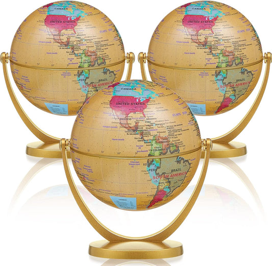 Henoyso 3 Pcs Mini Globes for Kids 4.2 in Small Antique World Map Globes with Stands Vintage Educational Geographic Decorative Desk Decor Gifts Bulk for Students Classroom Office