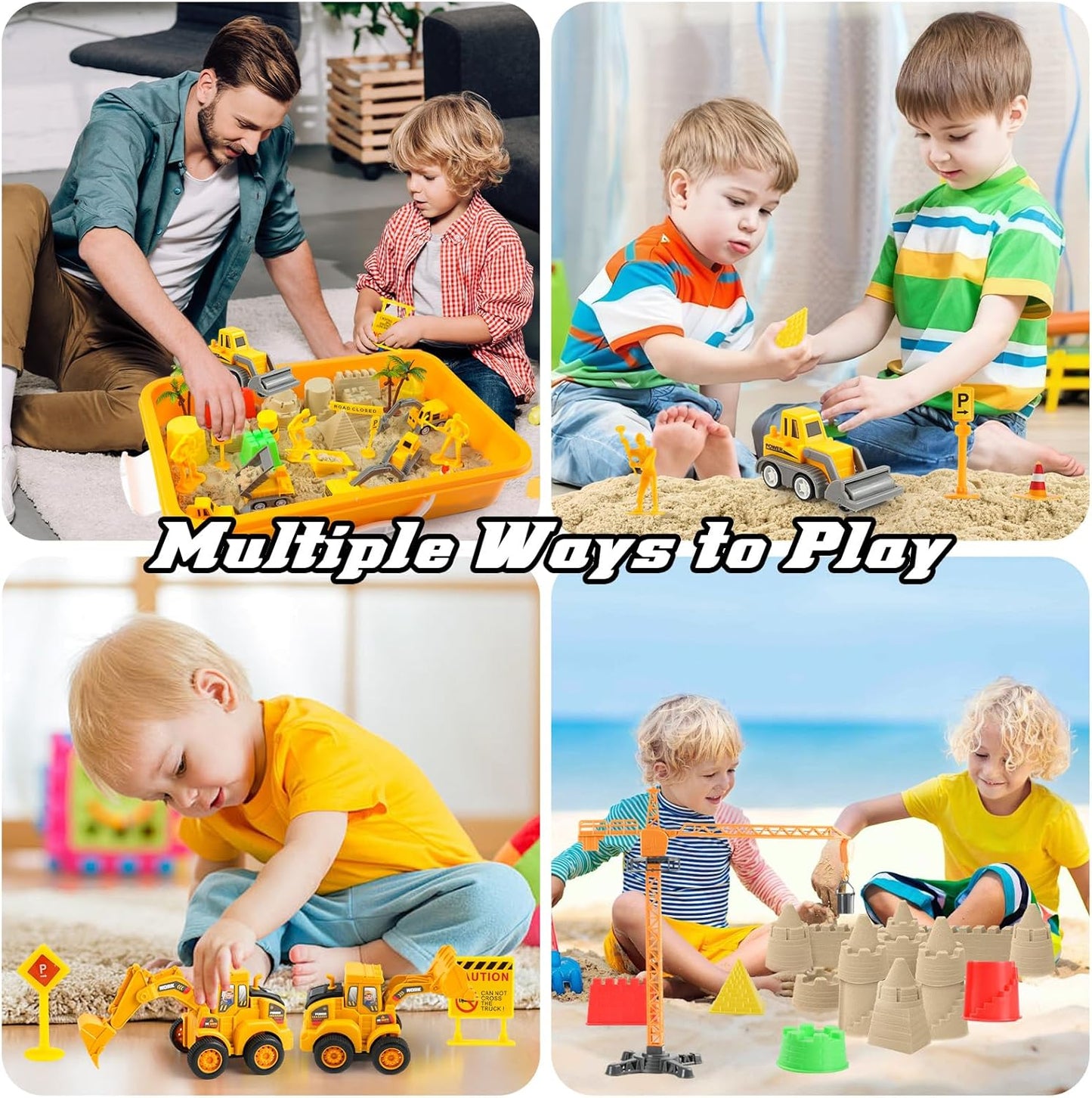 Sand Construction Kit - Play Sand Art Kit with 7 Construction Truck, 2lbs Magic Sand, Castle Molds, Crane, Worker Figures and Road Signs, Construction Sensory Bin for Preschool Learning for kids 3+