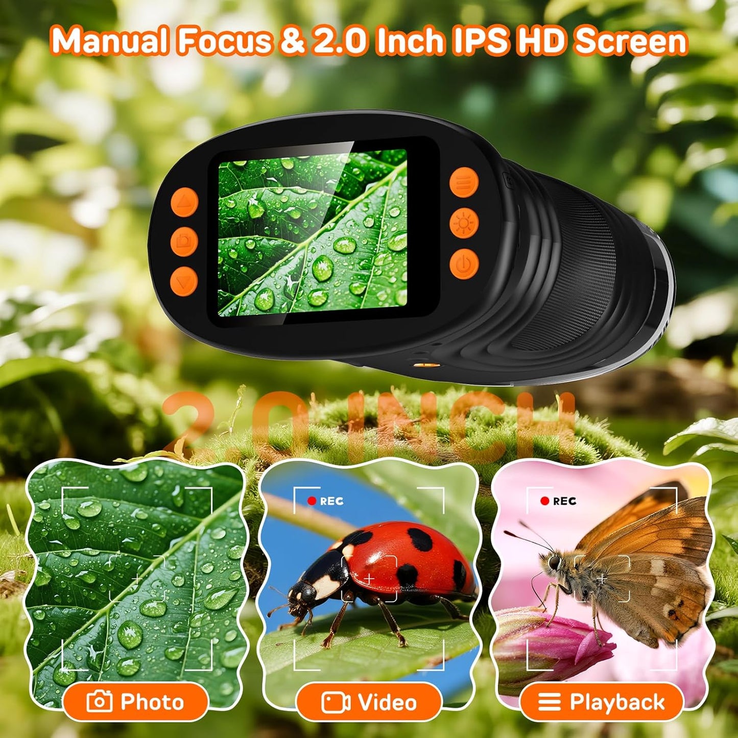 1000X Digital Handheld Microscope for Kids with 2.0" IPS Screen, Outdoor Toys Portable STEM Science Lab Gifts, Rechargeable Pocket Microscope Educational Toy for Boys & Girls Age 4-6 8-12, Orange