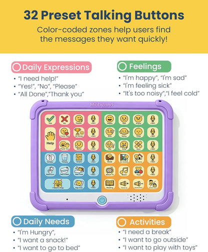 MibbyTalk AAC Device for Autism & Nonverbal Kids and Adults, Communication Tool for Home & School Use and Speech Therapy – 32 Preset Buttons, 11 Recording Buttons with Stickers, Silicone Case, Blue