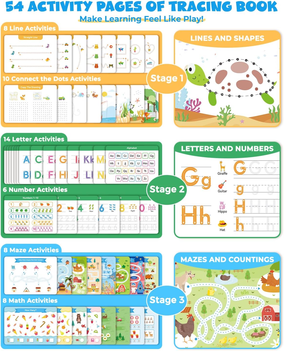 Preschool Learning Activities 54 Reusable Pages, Tracing Books for Kids Ages 3-5, Toddler Activities Busy Book, Handwriting Practice Kindergarten Workbooks, Educational Toys for 3 4 5 Year Old