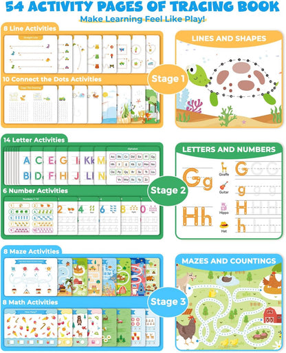 Preschool Learning Activities 54 Reusable Pages, Tracing Books for Kids Ages 3-5, Toddler Activities Busy Book, Handwriting Practice Kindergarten Workbooks, Educational Toys for 3 4 5 Year Old