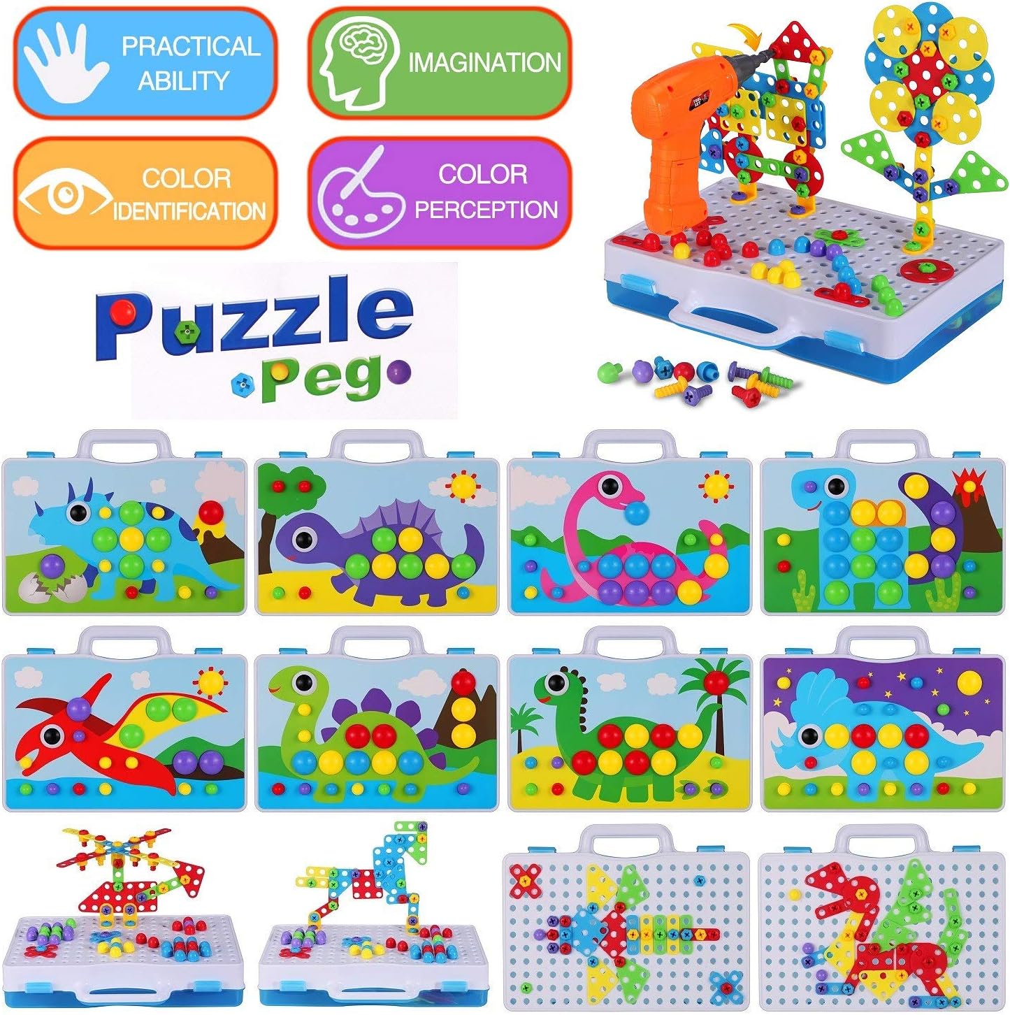 224 PCS STEM Building Toys for Kids Ages 4-8, Creative Mosaic Drill Set with Electric Drill & Screwdriver, 2D/3D Building Blocks Kit, Educational Birthday Gift for 5 6 7 8 9 10 Year Old Boys Girls