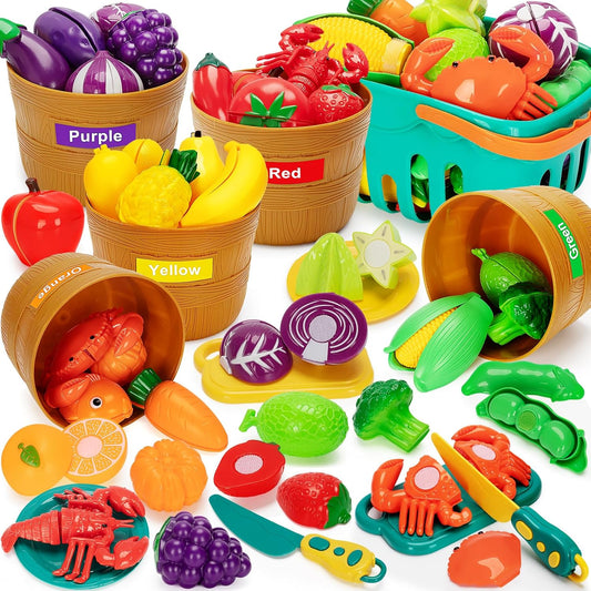 TooyBing Play Food Set for Kids Kitchen- 68 Pcs Kitchen Food Toy for Toddlers, Cutting & Color Sorting Fake Food/ Fruit/ Vegetable Accessories, Birthday Gifts for 3 4 5 Years Old Boys Girls