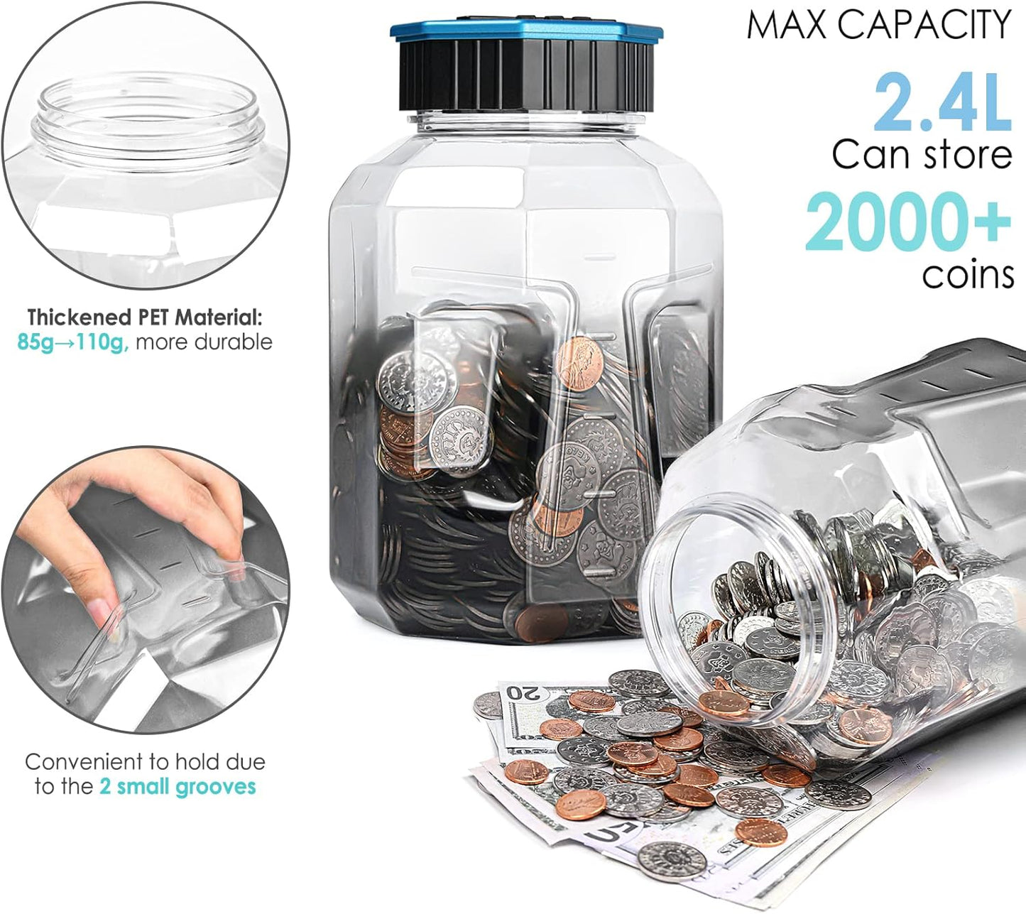 X-Large Piggy Bank for Adults Kids, Vcertcpl Digital Coin Counting Bank with LCD Counter, 2.4L Capacity, Great Coin Counter Bank Money Counting Jar with Total Amount Displayed (Silver, X-Large)