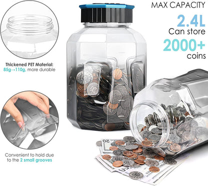 X-Large Piggy Bank for Adults Kids, Vcertcpl Digital Coin Counting Bank with LCD Counter, 2.4L Capacity, Great Coin Counter Bank Money Counting Jar with Total Amount Displayed (Silver, X-Large)