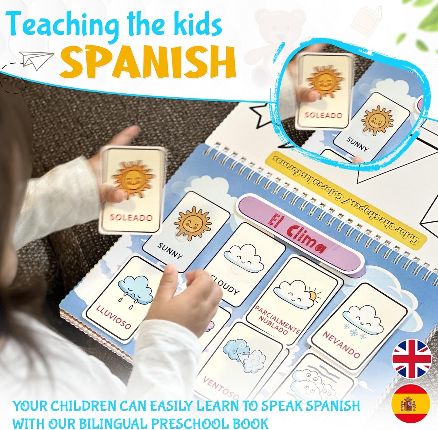Busy Book for Toddlers 3 and Up – Preschool Learning Activities Bilingual Book in Spanish and English with 32 Activities – Educational Toddler Activity Book with 8 Color Markers