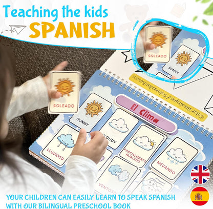 Busy Book for Toddlers 3 and Up – Preschool Learning Activities Bilingual Book in Spanish and English with 32 Activities – Educational Toddler Activity Book with 8 Color Markers