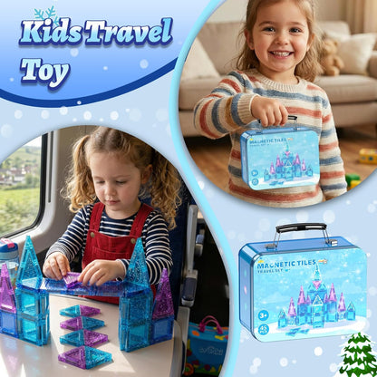 SKTMYY Travel Magnetic Tiles Set for Girls,Pink Mini Portable Magnet Toys with Iron Case,Travel Toys for Kids Ages 4-8,Ideal Toddler Birthday Valentines Day Gifts