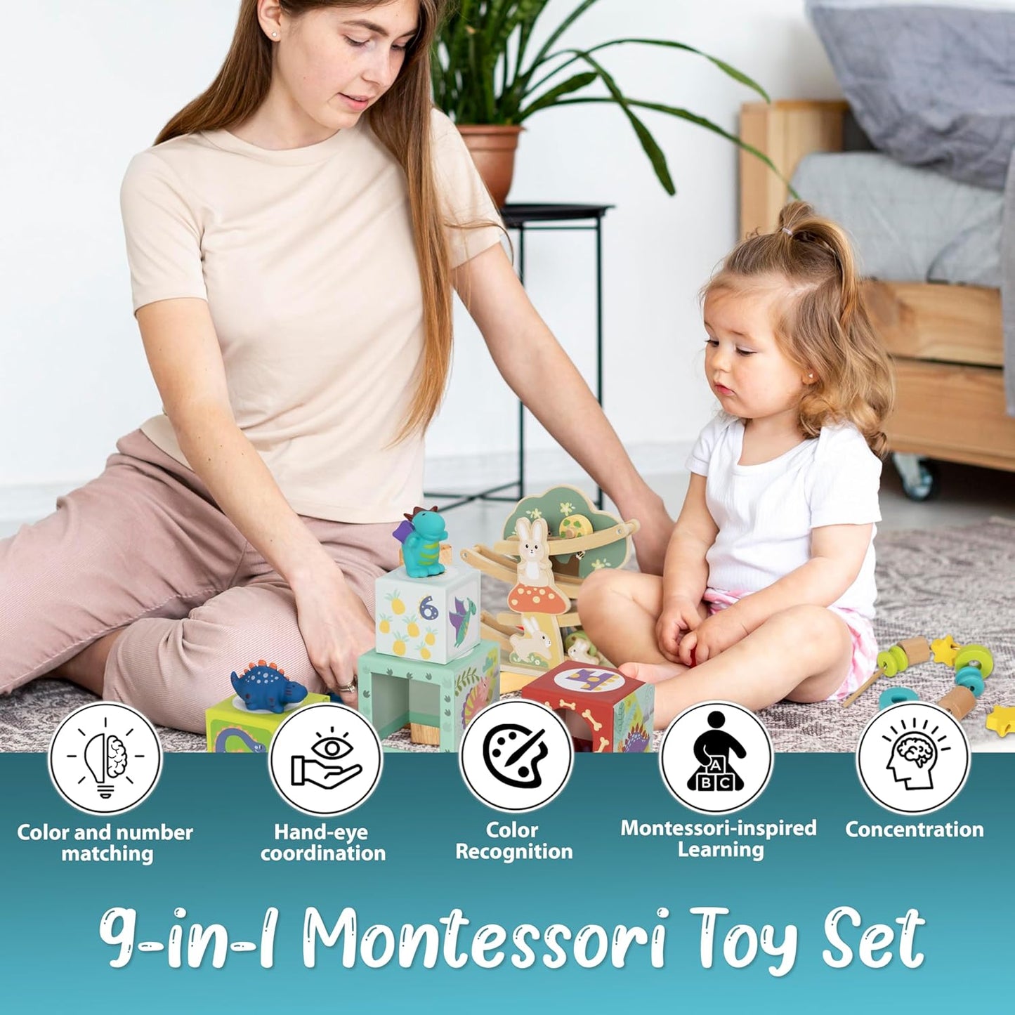 Pine Bunny Montessori Wooden 11-in-1 Toy Set for 16+ Months, Lacing Beads, Wooden Marble Run, Dinosaur Nesting Boxes, Butterfly Puzzle Pull Along Dog Educational Learning Counting STEM Fine Motor Toys