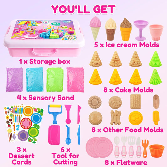 Billeeit Cake & Ice Cream Sensory Bin Sand Toy, Sand Kit Sensory Toys w/lid and 4 Color Moldable Sensory Play Sand 2.2lbs, Molds, Tools Set 43pcs Total for Toddlers, Fun Gifts for Kids Girls 3+