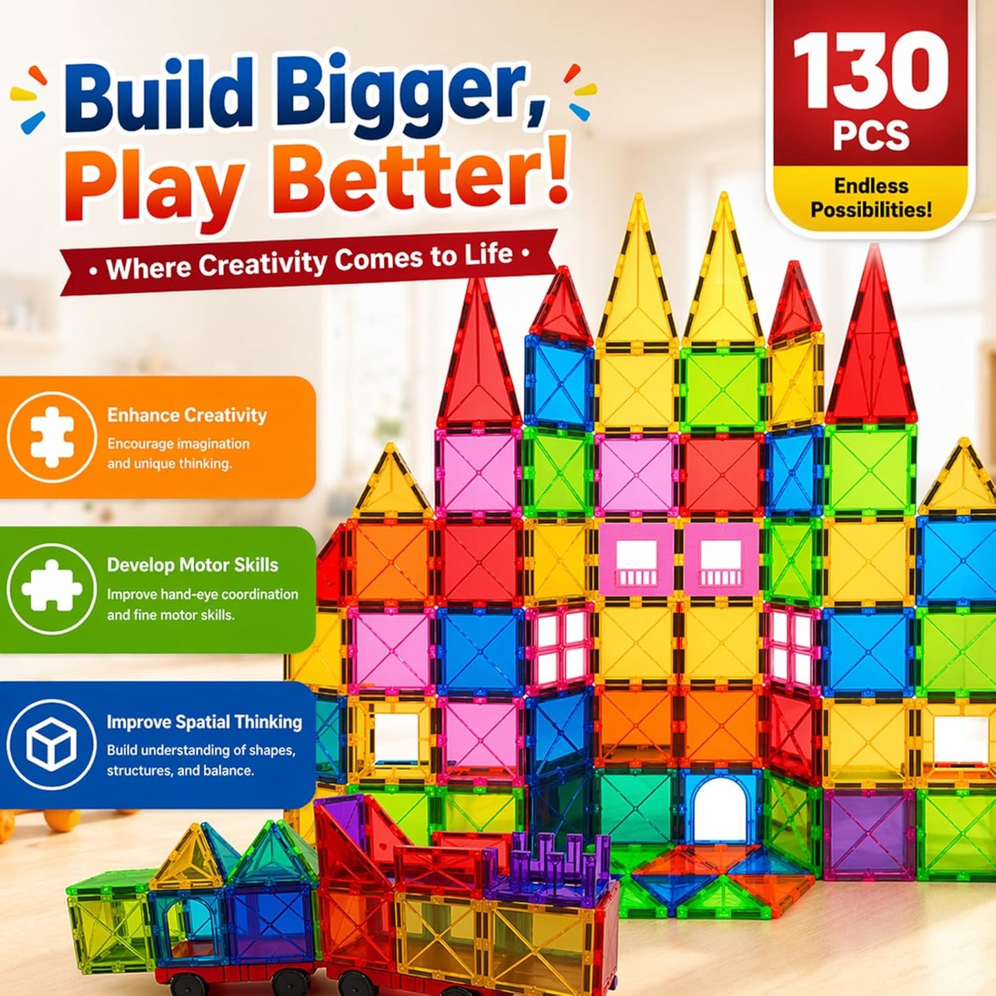 LATI Magnetic Tiles Starter Set for Kids,Beginner Magnetic Building Blocks for Early Learning, Build in 2D & 3D, Open-Ended STEM Building Toy,Easy to Start for Early Builders,Toy Gift for Ages 3–6