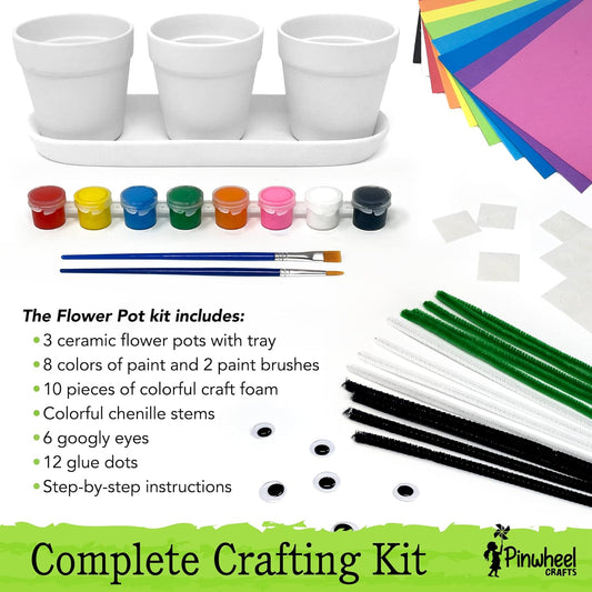 Pinwheel Crafts Flower Pot Painting Kit – Paint Your Own Kids Gardening Set with Seeds, Soil, 8 Paints, 2 Brushes & 3 Pots, DIY Plant Growing Kit for Kids Ages 8-12+, Kid Gardening Set