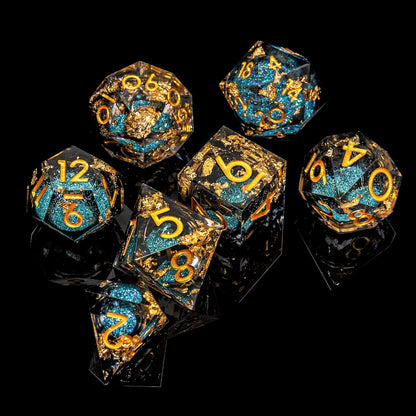 Liquid Core DND Dice Set, 7pcs Sharp Edge Dice for Role Playing Dungeons and Dragons Ttrpg with Gift Box, Handmade Resin D&D Dice RPG Role Playing Games Dice Set(Blue Gold)
