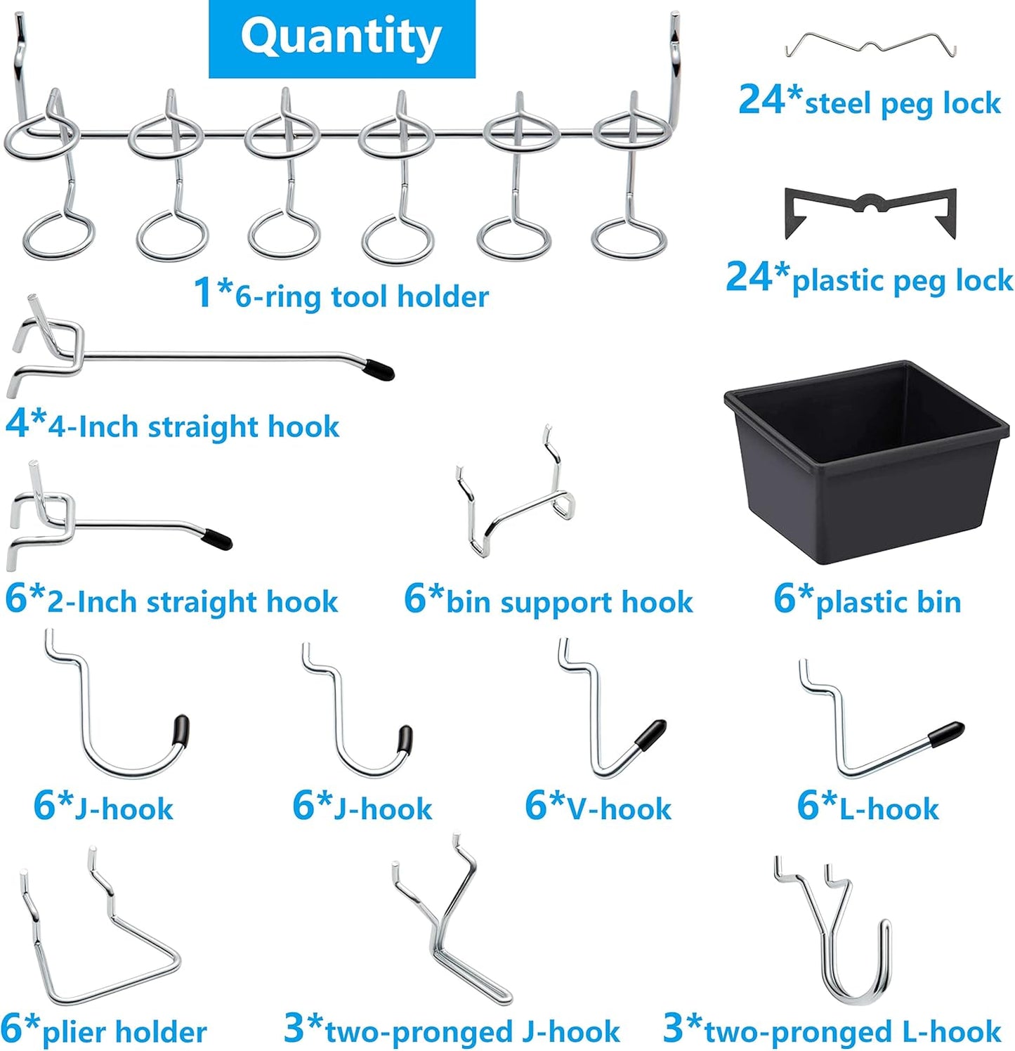 Pegboard Hooks, with Bins, Peg Locks, for Organizing Various Tools, 188 PCS, 80 of Which are Locks