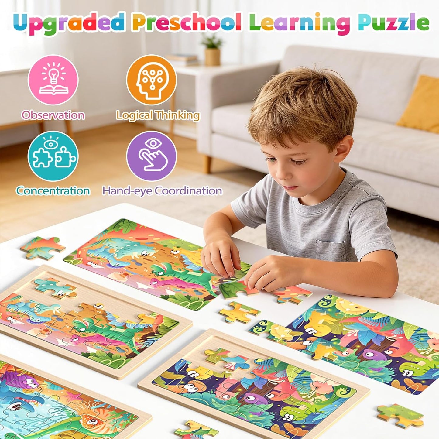 Zeoddler Wooden Puzzles for Toddlers, 4 Pack Animal Jigsaw Puzzles for Kids3-5, 20 Pieces Preschool Learning Activities, Learning & Educational Toys, Gift for Boys, Girls