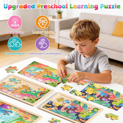Zeoddler Wooden Puzzles for Toddlers, 4 Pack Animal Jigsaw Puzzles for Kids3-5, 20 Pieces Preschool Learning Activities, Learning & Educational Toys, Gift for Boys, Girls