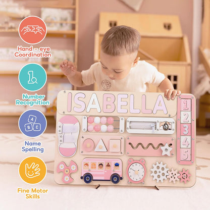 Montessori Busy Board with Personalized Name Puzzle, Wooden Sensory Activity Toy for Toddlers 1-3, First Birthday Gift