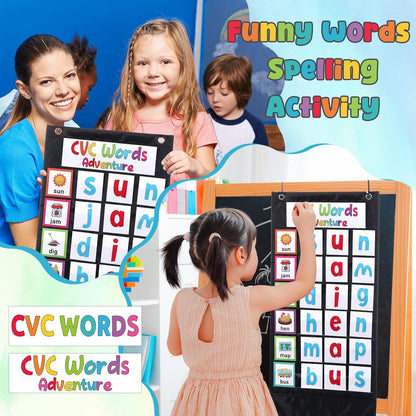Pasimy CVC Word Pocket Chart with 65 Double-Sided Phonics Flash Cards Classroom CVC Word Literacy Games Preschool Kindergarten Classroom Must Haves for Learning Reading and Spelling(Blue)