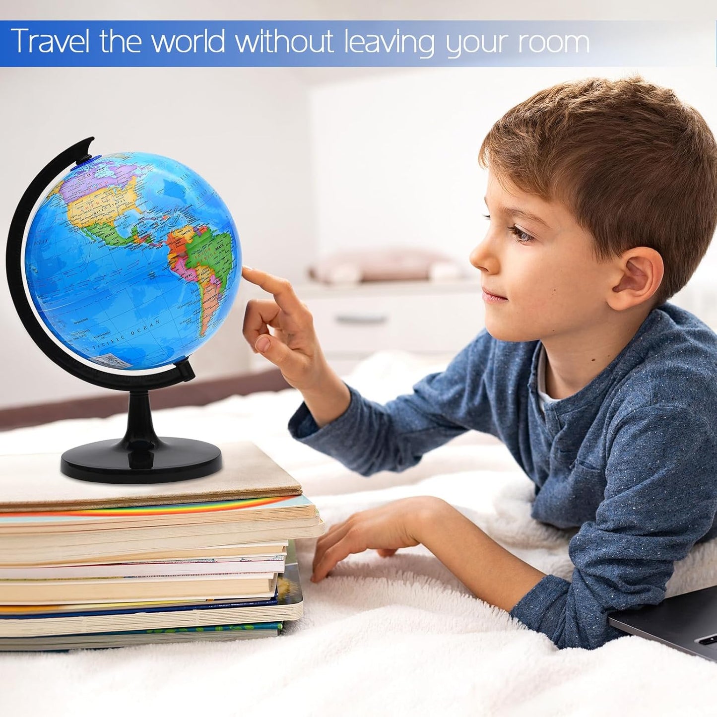 World Globe for Kids Learning, 8 inch Interactive Spinning Earth Globe for Children with Stand, Self-Assembled World Globes for Educational Geography Decorative Kids Room, Classroom, Adults Office