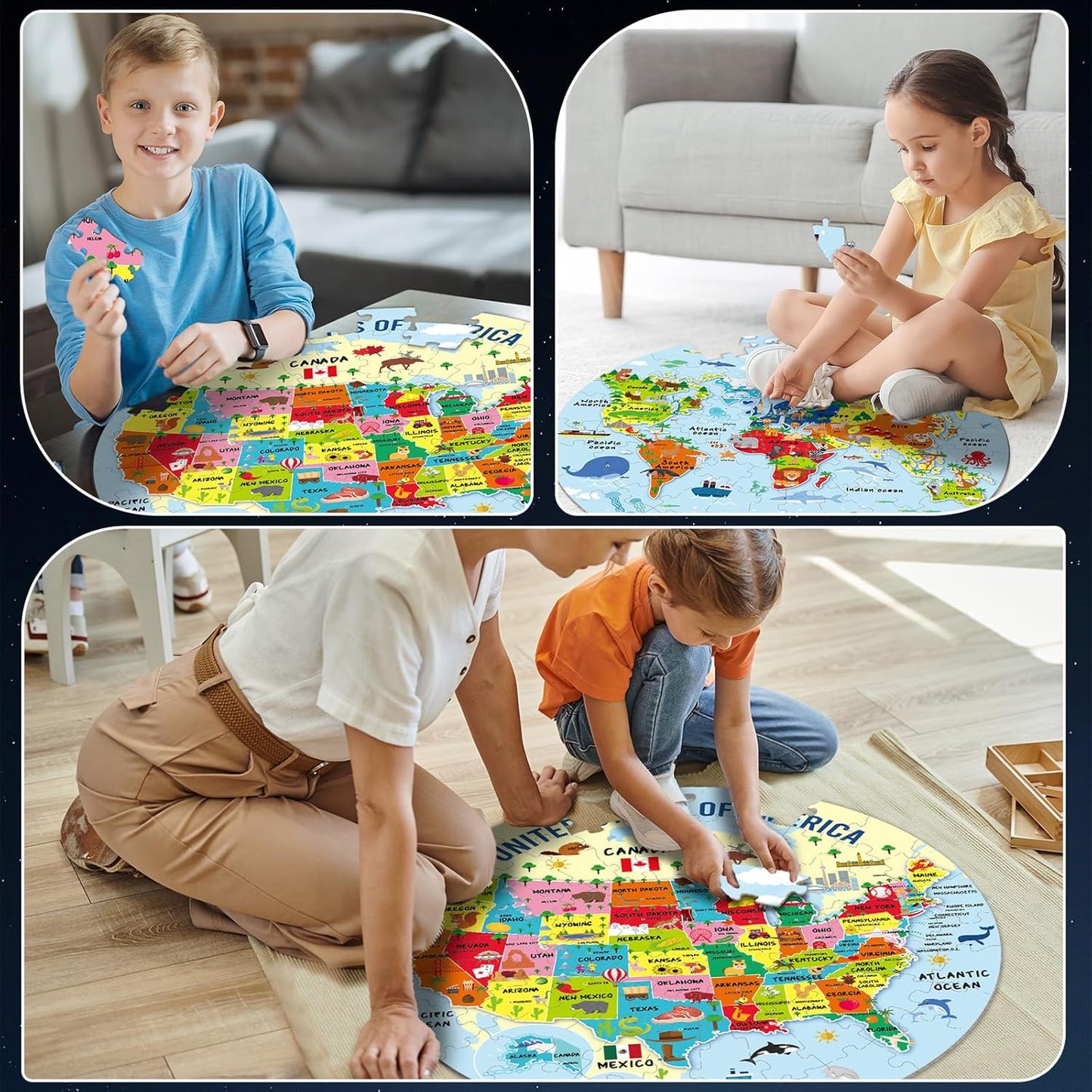 2 Sets World Puzzle United States Map Puzzle with Poster World and US Geography Jumbo Round Floor Puzzles Jigsaw for Kids Ages 3-5 Educational Learning Toys Puzzles Valentines Birthday Gift 70 Pieces