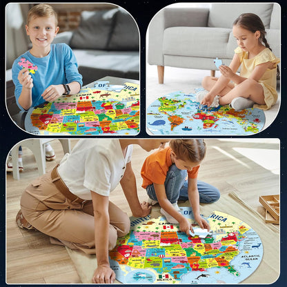 2 Sets World Puzzle United States Map Puzzle with Poster World and US Geography Jumbo Round Floor Puzzles Jigsaw for Kids Ages 3-5 Educational Learning Toys Puzzles Valentines Birthday Gift 70 Pieces