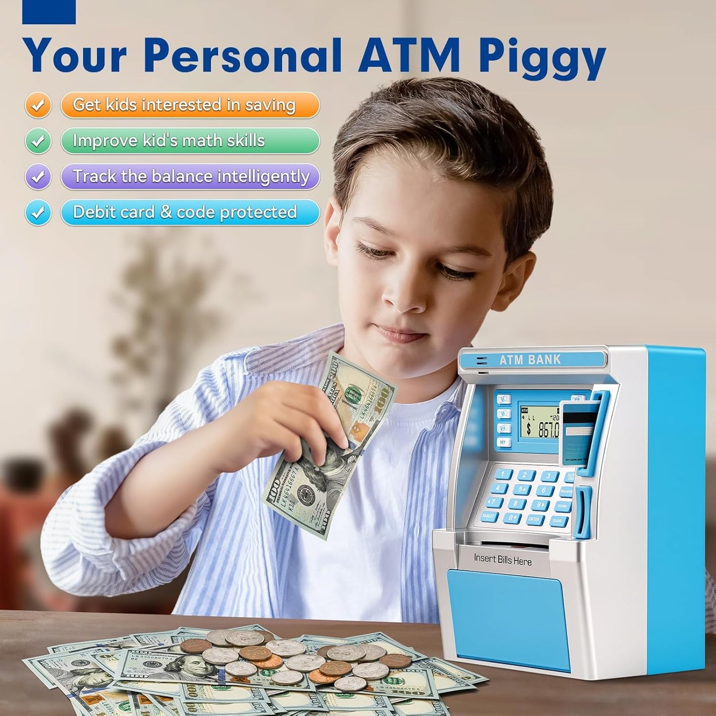 ATM Piggy Bank for Kids, ATM Machine for Real Money with Debit Card, Bill Feeder, Coin Recognition, Balance Calculator, Electronic Savings Safe Box, Gifts for Teen Boys Girls
