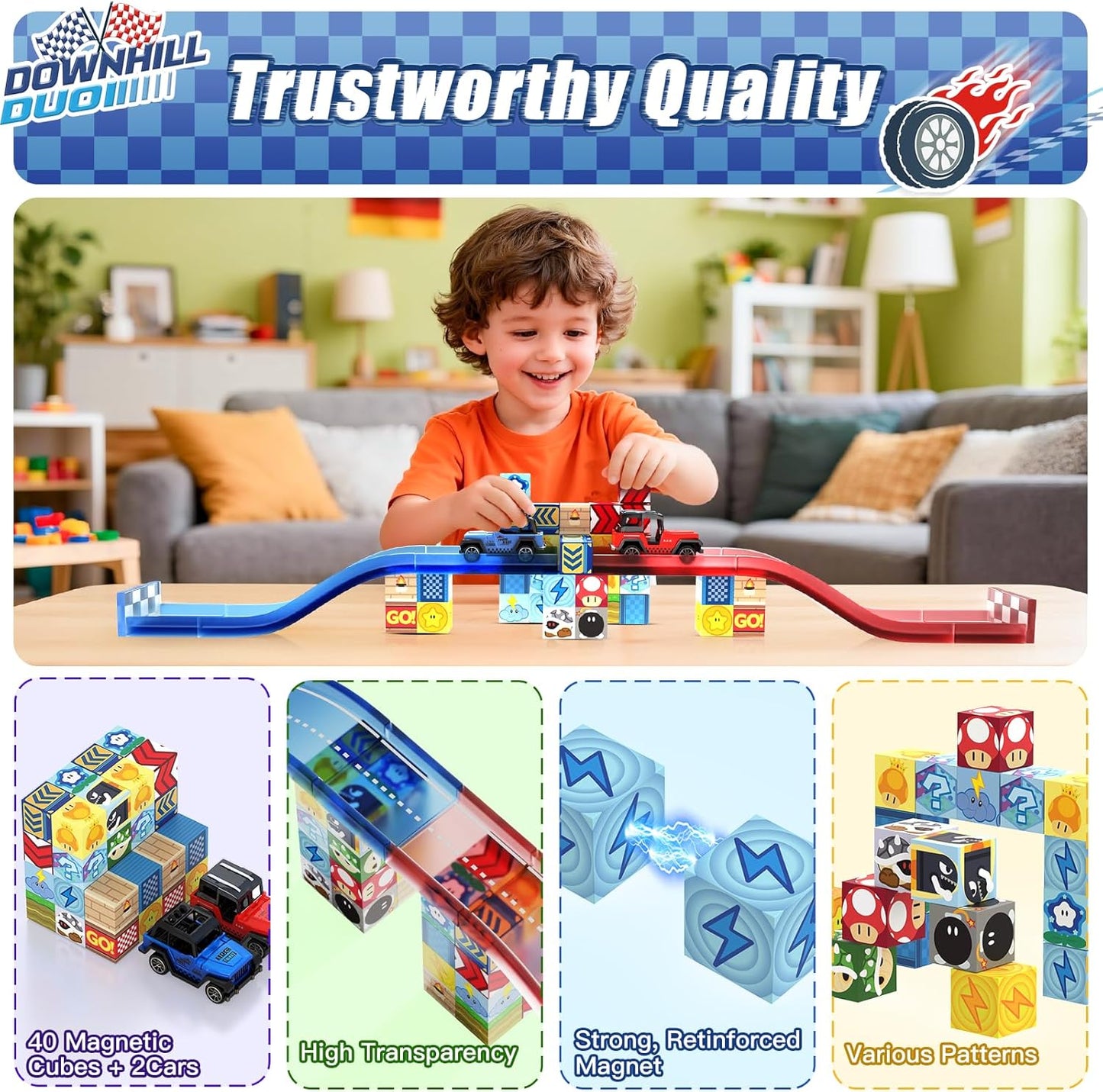 Magnetic Tiles Race Track Set, 52PCS STEM Educational Magnetic Building Blocks with 2 Race Cars, Montessori Sensory Travel Toys for Kids 3 4 5 6 7 8, Birthday for Boys & Girls