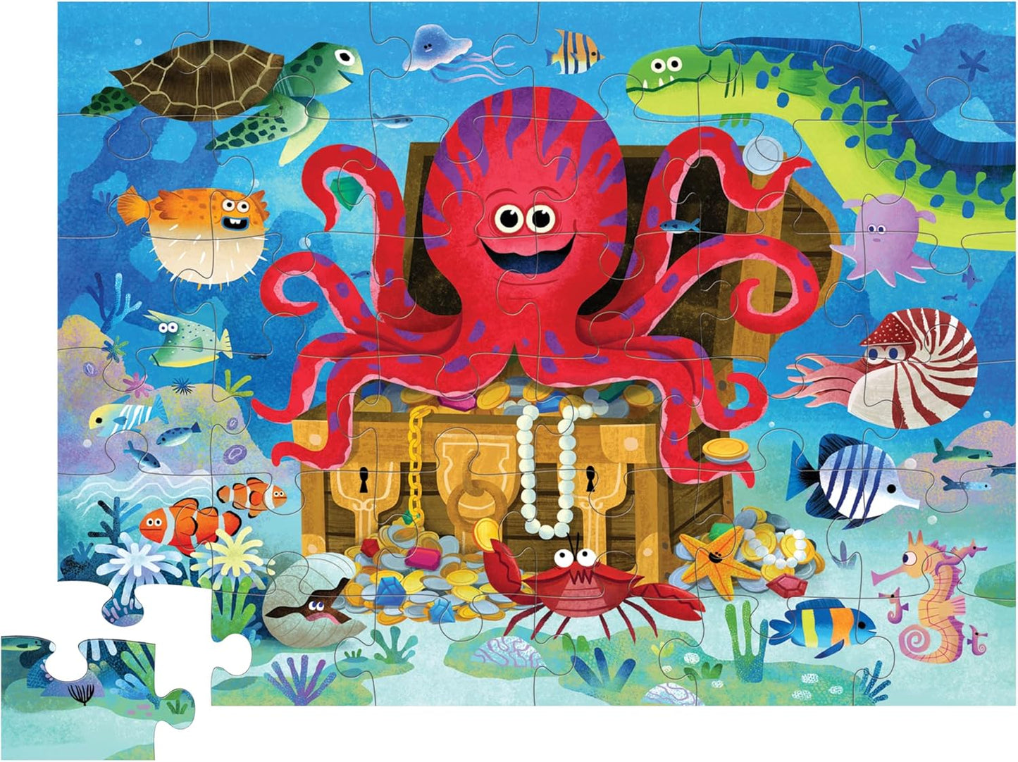 Crocodile Creek 36-Piece Jigsaw Floor Puzzle - Shark Reef - for Kids Ages 3-5 - Heavy-Duty Shaped Box for Storage - 24" W x 18" H Finished