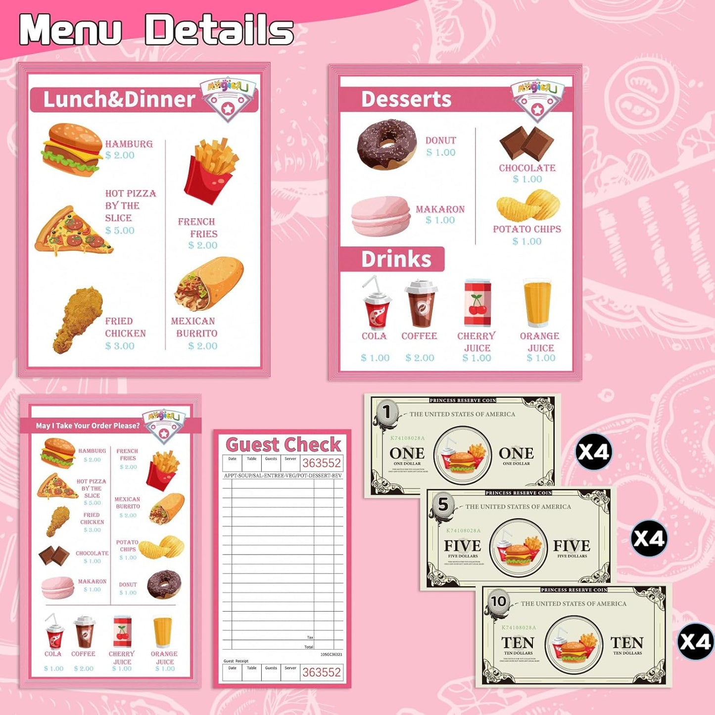 Restaurant Playsets for Kids - Waitress Role Play Costume Set for Girls, 60 Pieces Food Playset with Girls Apron, Diner Playset for Kids, Play Restaurant, Pretend Restaurant Playset for Kids Age 3+