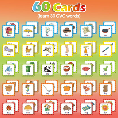 Aizweb CVC Word Match Game - 60 Pc Toddler Card Games for Kids Ages 3-6, Phonics Flash Cards for Preschool & Kindergarten Learning Activities, Educational Toys for Home School Supplies