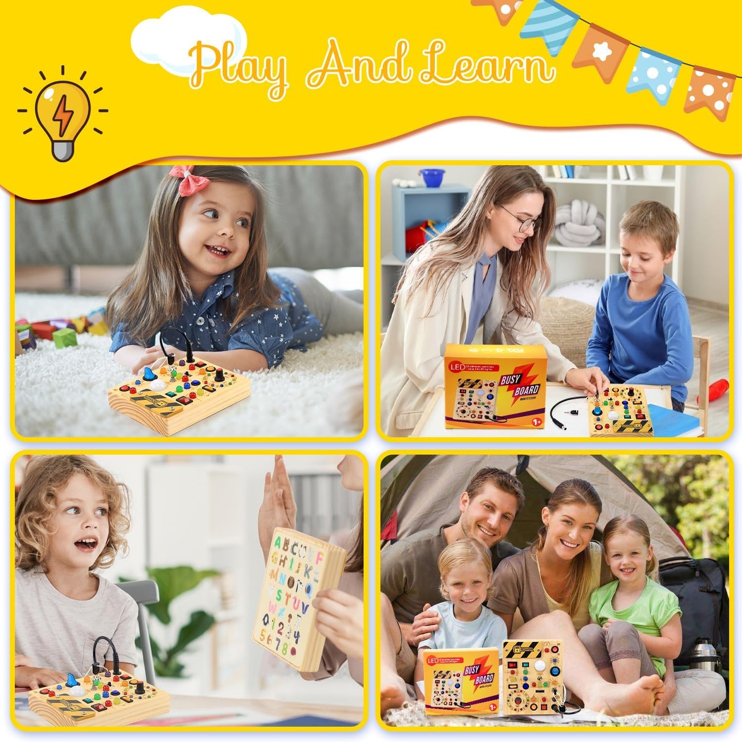 RichBoy Montessori Toy Busy Board with 40 LED Lights, 59-in-1 Sensory Toys for Toddlers, Travel Educational Activity for Airplane, Ideal Christmas Birthday Gift for Boys & Girls (7.8" x 6.5")