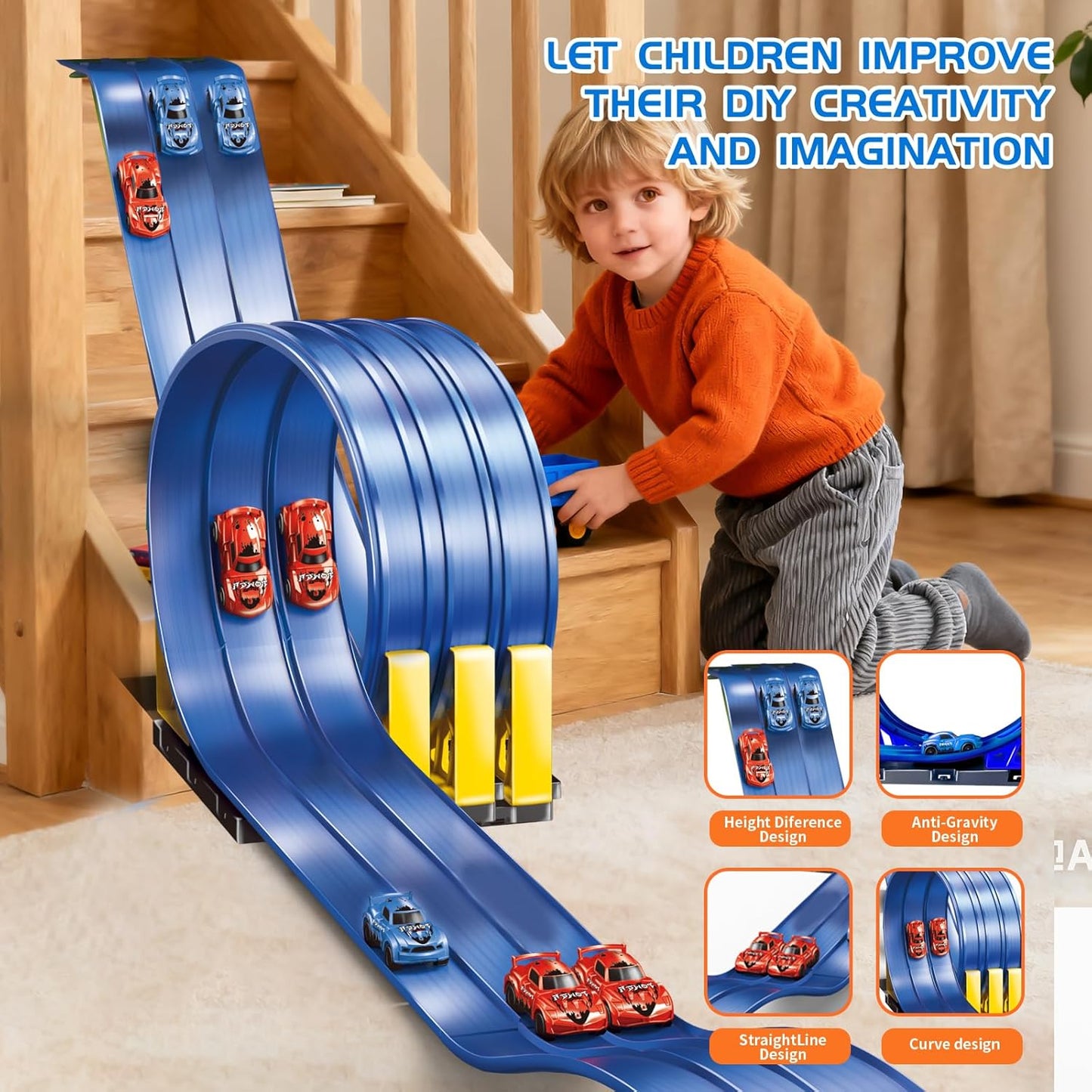 16.5ft Build Anywhere Portable Race Track with Suction Cups - Flexible Roll-Up Design Fits 1/64 Scale Cars, Portable Toy Gift for Kids 4+ Year Old (3 Tracks/Red)