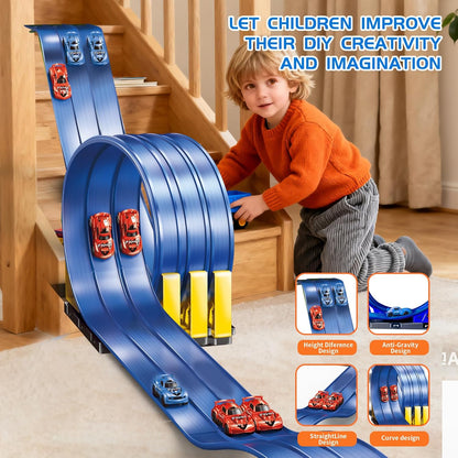 16.5ft Build Anywhere Portable Race Track with Suction Cups - Flexible Roll-Up Design Fits 1/64 Scale Cars, Portable Toy Gift for Kids 4+ Year Old (3 Tracks/Red)