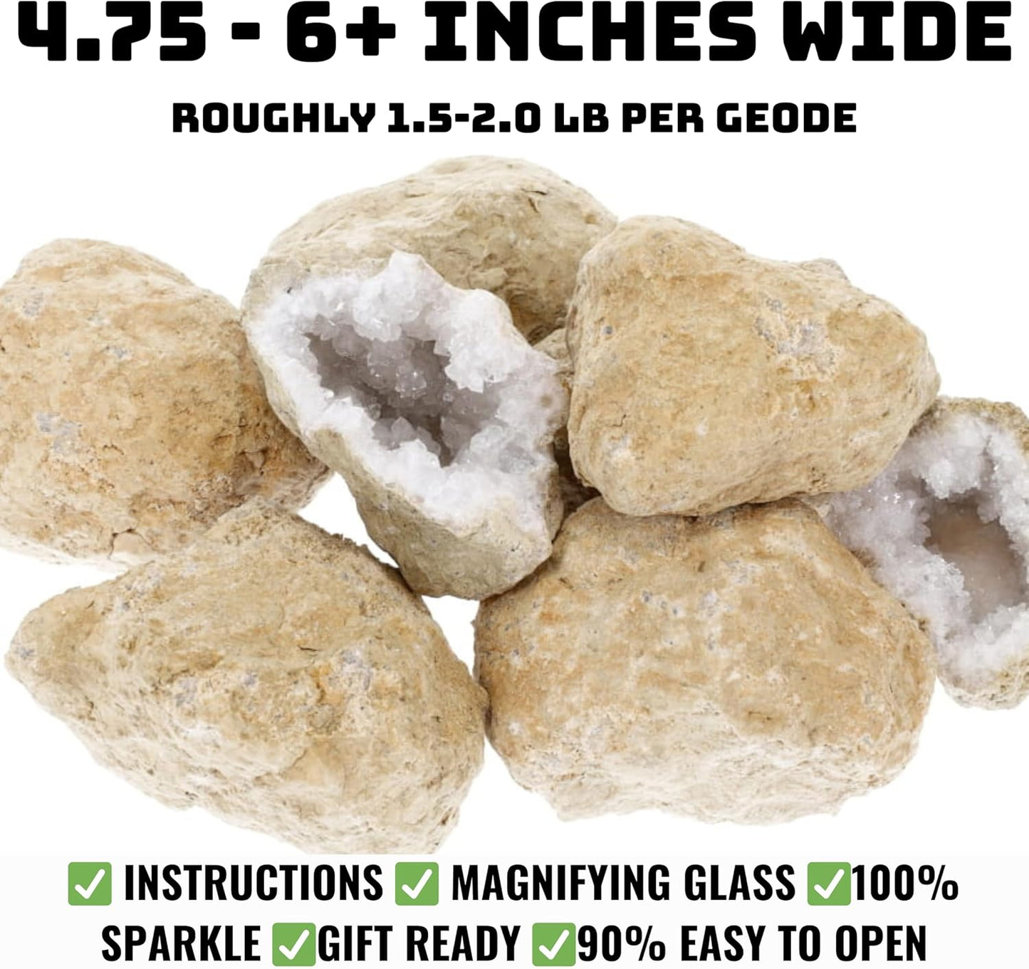 TruEnergy Jumbo Break Your Own Geodes – 2 Massive Natural Crystal Geodes 4.5 to 6.5 Inch, Easy Crack-Open Geology Specimens – Magnifying Glass & Geologist Guide – Gift Ready - [Jumbo]