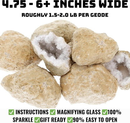TruEnergy Jumbo Break Your Own Geodes – 2 Massive Natural Crystal Geodes 4.5 to 6.5 Inch, Easy Crack-Open Geology Specimens – Magnifying Glass & Geologist Guide – Gift Ready - [Jumbo]
