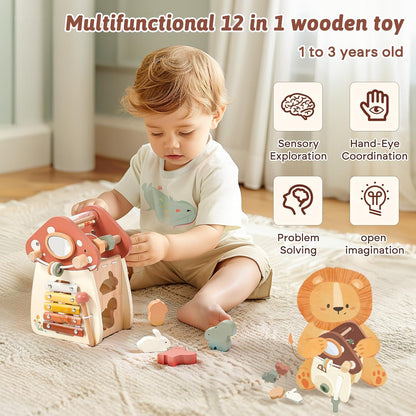 Youuys Wooden Activity Cube 9-in-1 Montessori Toys for 3+ Year Old Boys & Girls, Multipurpose Educational Sensory Learning Toys for Baby Toddlers with Mirror, First Birthday Gift (Castle)