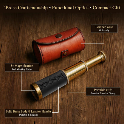 NauticalMart Brass Spyglass Telescope with Leather Case - 6 Inch Handheld Pirate Navigation Telescope for Young and Adults, Perfect Nautical Collectible and Gift for Adventure Seekers