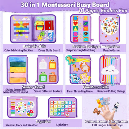 Esjay Toddler Busy Board, Montessori Toys Busy Book, Sensory Board Birthday Gifts for 3+ Years Old Girls Boys, Learning Educational Toy for Fine Motor Skills, Travel Activities for Airplane Car