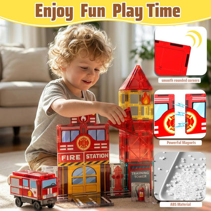 SKTMYY Magnetic Tiles Construction Toys with Road & Crane & Marble Run, Double-Sided Fire Station & Building Magnet Tiles for Kids Ages 4-8, STEM Magnetic Blocks Gifts for 3 4 5 6 7 8 Year Old Boys