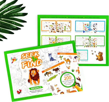 FUNCLASS Sticker Book for Toddlers,Seek and Find Sticker Book with 200+ Animal Stickers,Sticker Activity Book for Kids Travel,Quiet Book:Search the Hidden Animal