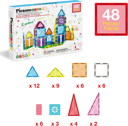 PicassoTiles 60 pcs Mini Magnetic Tiles Magnet Toys Travel-Friendly On-The-Go Building Blocks for Kids Compact Lightweight Creative playset Preschool Montessori Early Learning STEM Kids Toy Ages 3+.